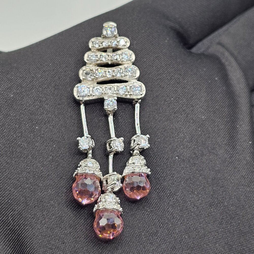 Sterling Silver 925 Rhodium Plated Clear & Pink CZ Dangle Pendant